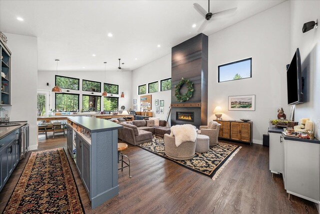 220 E Meadowlane Rd, Spokane, WA 99224 - living room featuring a high ceiling, plenty of natural light, recessed lighting, a large fireplace, and dark wood finished floors