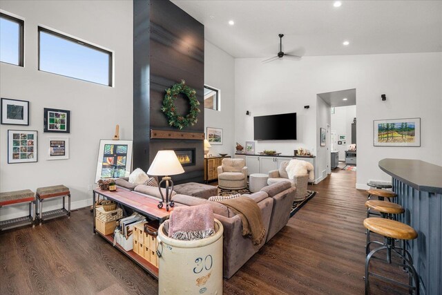 220 E Meadowlane Rd, Spokane, WA 99224 - living room featuring high vaulted ceiling, a fireplace, ceiling fan, dark wood-style flooring, and recessed lighting