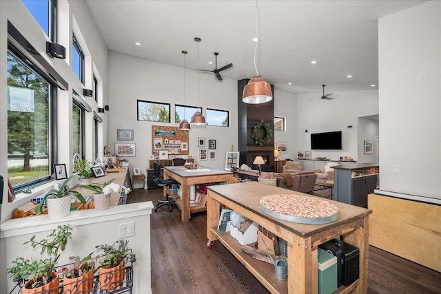 220 E Meadowlane Rd, Spokane, WA 99224 - kitchen featuring a towering ceiling, ceiling fan, dark wood-type flooring, recessed lighting, and pendant lighting