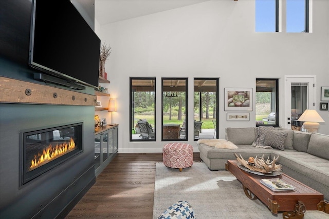 220 E Meadowlane Rd, Spokane, WA 99224 - living area featuring healthy amount of natural light, a glass covered fireplace, wood finished floors, a towering ceiling, and baseboards