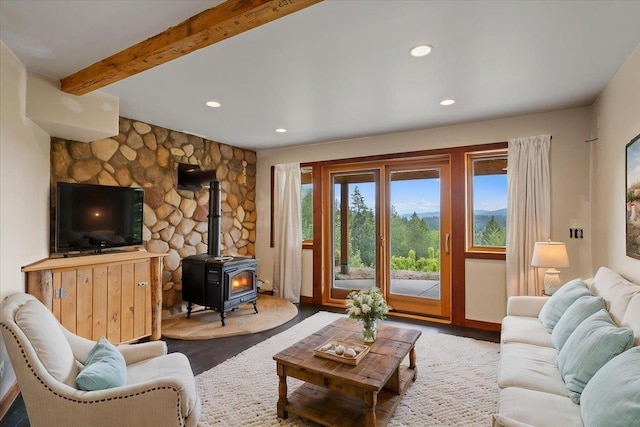 18109 N Harvard Ln, Newman Lake, WA 99025 - living area with recessed lighting, a wood stove, wood finished floors, and beamed ceiling