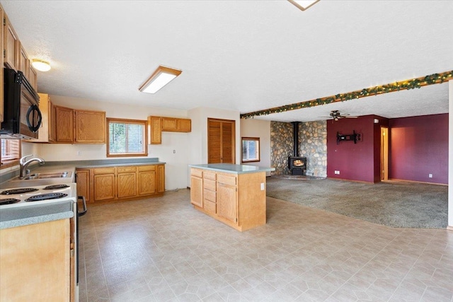 18109 N Harvard Ln, Newman Lake, WA 99025 - kitchen with a sink, electric range, a wood stove, open floor plan, and black microwave
