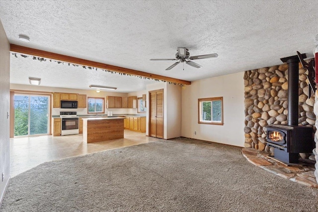 18109 N Harvard Ln, Newman Lake, WA 99025 - unfurnished living room with a wood stove, plenty of natural light, a ceiling fan, and a textured ceiling