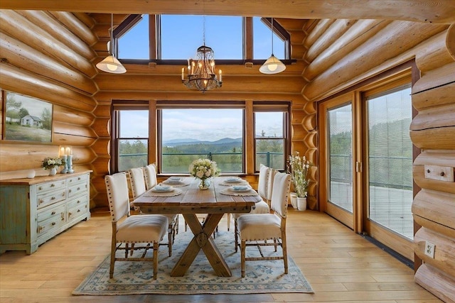 18109 N Harvard Ln, Newman Lake, WA 99025 - dining area featuring rustic walls, a chandelier, light wood-type flooring, and a mountain view