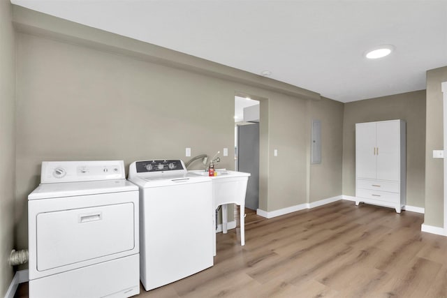 2121 W Sharp Ave, Spokane, WA 99201 - laundry area featuring washer and clothes dryer, light wood-type flooring, baseboards, and electric panel