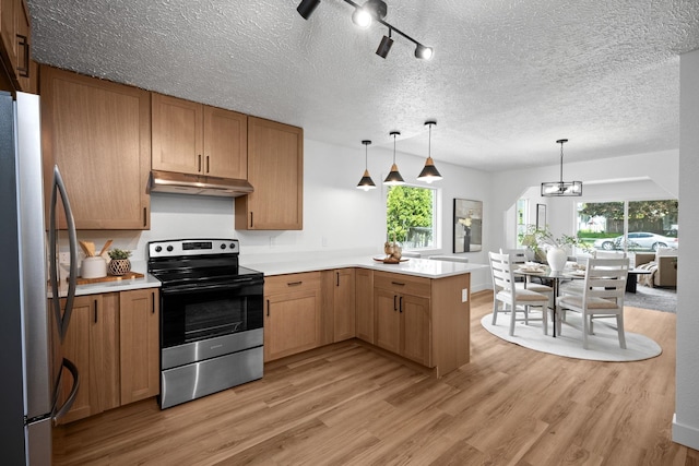 5727 N Cannon St, Spokane, WA 99205 - kitchen featuring appliances with stainless steel finishes, under cabinet range hood, a peninsula, light wood-type flooring, and light countertops