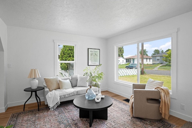 5727 N Cannon St, Spokane, WA 99205 - living room featuring wood finished floors, a textured ceiling, and baseboards