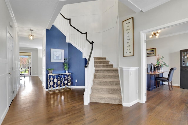 17321 E Morningside Ln, Spokane Valley, WA 99016 - entrance foyer featuring ornamental molding, stairway, wood finished floors, and baseboards