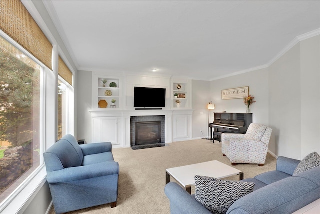 17321 E Morningside Ln, Spokane Valley, WA 99016 - living room featuring ornamental molding, a fireplace, carpet floors, and built in features