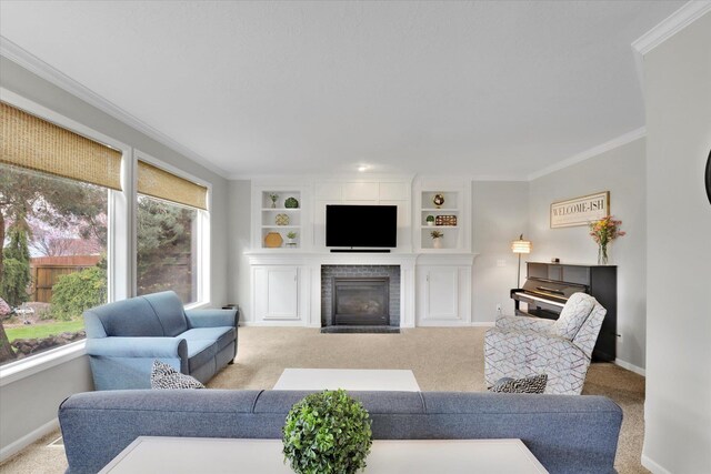 17321 E Morningside Ln, Spokane Valley, WA 99016 - carpeted living room with a fireplace with flush hearth, crown molding, baseboards, and built in features