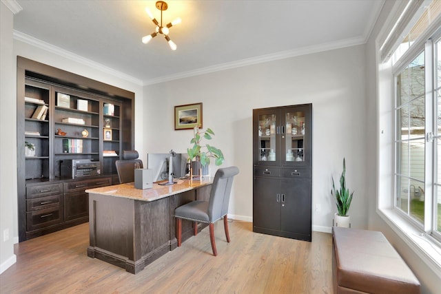 17321 E Morningside Ln, Spokane Valley, WA 99016 - office area with light wood-type flooring, crown molding, baseboards, and a chandelier