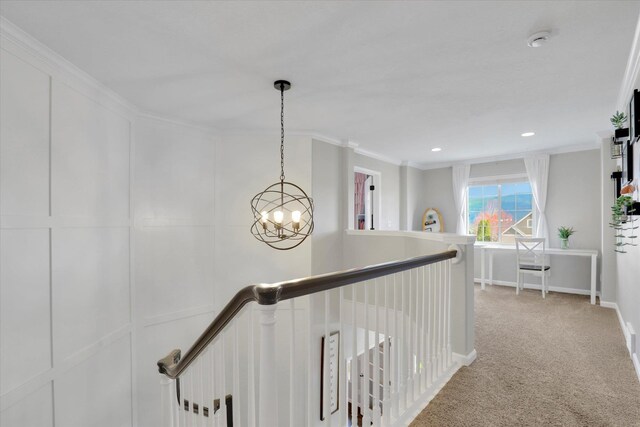 17321 E Morningside Ln, Spokane Valley, WA 99016 - corridor with an upstairs landing, crown molding, light carpet, a chandelier, and baseboards