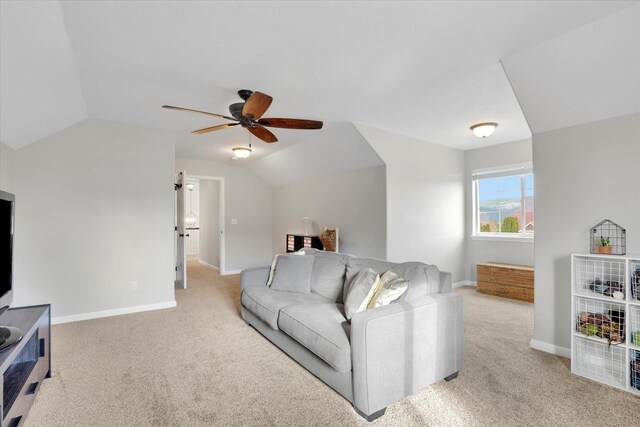 17321 E Morningside Ln, Spokane Valley, WA 99016 - living room with carpet flooring, lofted ceiling, a ceiling fan, and baseboards