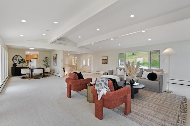 17500 E Wellesley Ave, Spokane Valley, WA 99216 - living room with light colored carpet, baseboard heating, a baseboard heating unit, and recessed lighting