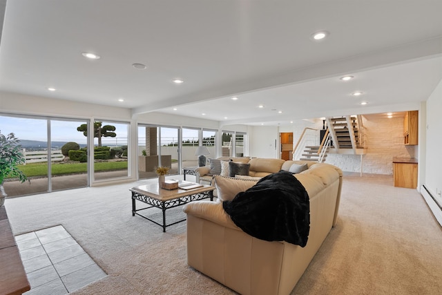 17500 E Wellesley Ave, Spokane Valley, WA 99216 - living area with stairway, healthy amount of natural light, recessed lighting, light colored carpet, and beam ceiling