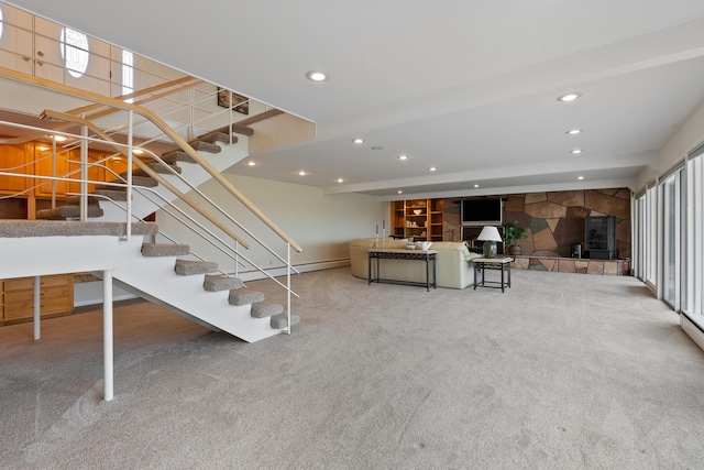 17500 E Wellesley Ave, Spokane Valley, WA 99216 - carpeted living area with stairs, recessed lighting, and baseboards