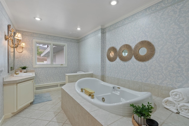 17500 E Wellesley Ave, Spokane Valley, WA 99216 - full bath featuring crown molding, vanity, wallpapered walls, a tub with jets, and tile patterned flooring
