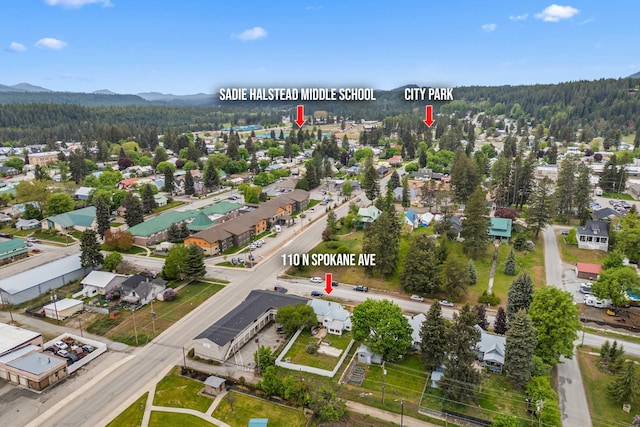 110 N Spokane Ave, Newport, WA 99156 - aerial perspective of suburban area featuring a heavily wooded area and mountains