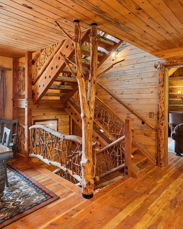 3475B Waitts Lake Rd, Valley, WA 99181 - staircase with wood walls, wood ceiling, and hardwood / wood-style flooring