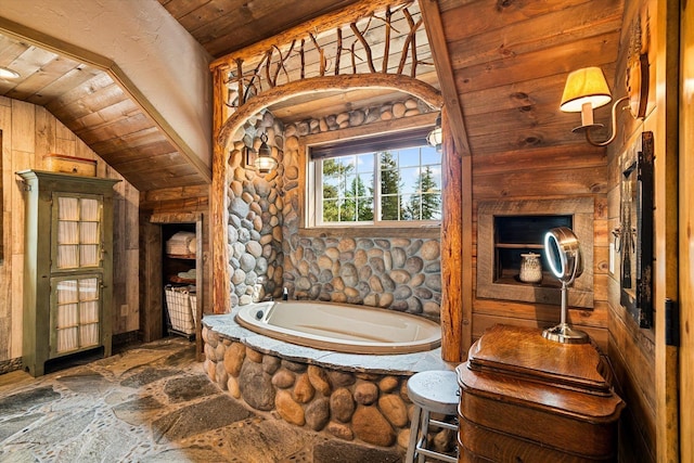 3475B Waitts Lake Rd, Valley, WA 99181 - full bath with stone floors, a bath, vaulted ceiling, and wood ceiling