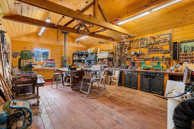3475B Waitts Lake Rd, Valley, WA 99181 - interior space with a workshop area, wooden walls, hardwood / wood-style floors, and wooden ceiling
