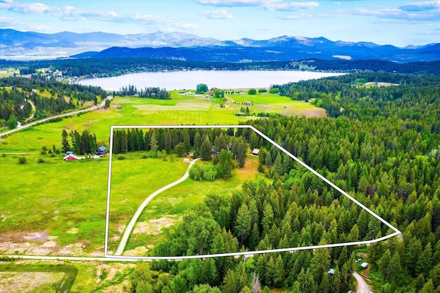 3475B Waitts Lake Rd, Valley, WA 99181 - aerial view of property's location with property boundaries highlighted, a heavily wooded area, and a water and mountain view