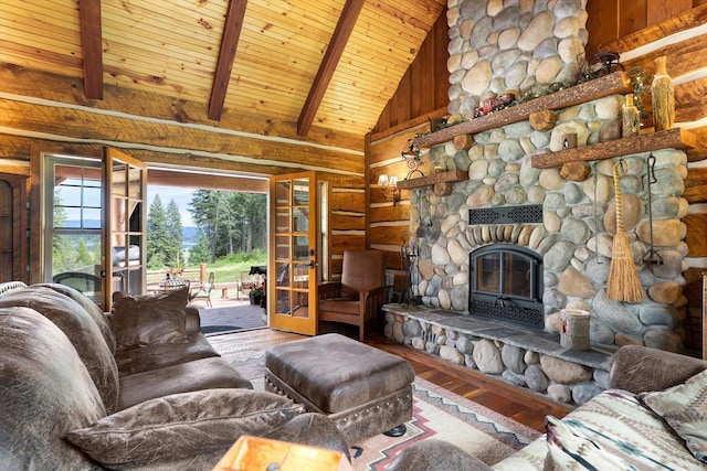 3475B Waitts Lake Rd, Valley, WA 99181 - living room featuring wood ceiling with exposed beams, wood-type flooring, french doors, a stone fireplace, and wood walls