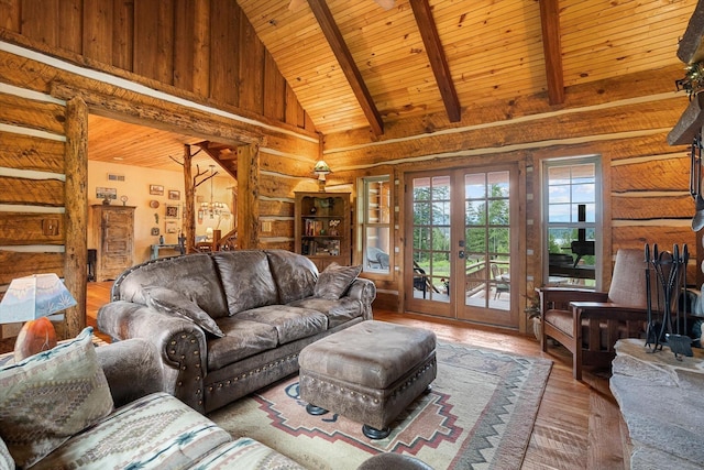 3475B Waitts Lake Rd, Valley, WA 99181 - living area featuring french doors, wood ceiling with exposed beams, wood-type flooring, wooden walls, and high vaulted ceiling