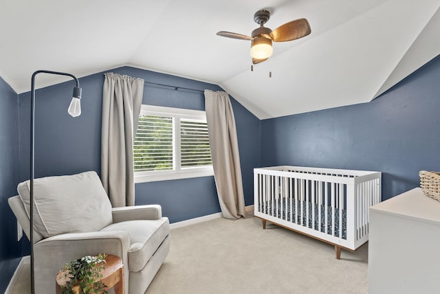 1116 E Newark Ave, Spokane, WA 99202 - carpeted bedroom with vaulted ceiling, baseboards, a ceiling fan, and a nursery area