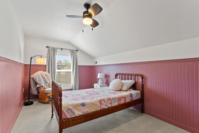 1116 E Newark Ave, Spokane, WA 99202 - bedroom featuring carpet, vaulted ceiling, a wainscoted wall, a ceiling fan, and baseboards