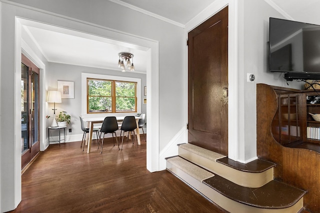 1732 W 14th Ave, Spokane, WA 99204 - corridor featuring crown molding, baseboards, stairs, and dark wood-style flooring