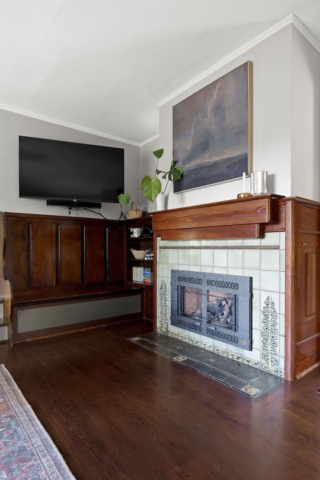 1732 W 14th Ave, Spokane, WA 99204 - unfurnished living room featuring ornamental molding, wood finished floors, and a tile fireplace