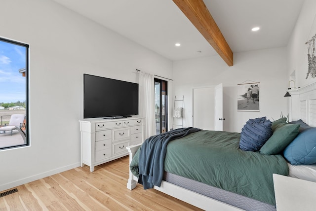 311 N Christensen Rd, Medical Lake, WA 99022 - bedroom featuring multiple windows, beam ceiling, light wood-style flooring, recessed lighting, and baseboards