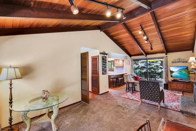 10808 47th Ave, Spokane Valley, WA 99206 - living room with wooden ceiling, rail lighting, baseboards, and carpet floors