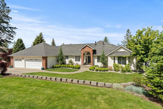 14716 E 48th Ln, Veradale, WA 99037 - ranch-style home with brick siding, an attached garage, a front lawn, driveway, and roof with shingles