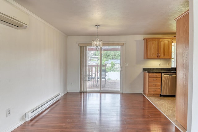 11920 E Railroad Ave, Spokane, WA 99206 - unfurnished dining area with a baseboard radiator, a wall mounted air conditioner, dark wood-style flooring, a chandelier, and baseboards