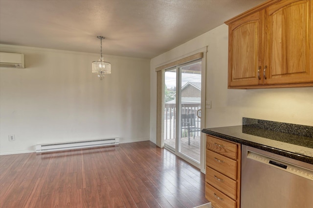 11920 E Railroad Ave, Spokane, WA 99206 - kitchen featuring dishwasher, baseboard heating, a wall unit AC, wood finished floors, and a chandelier