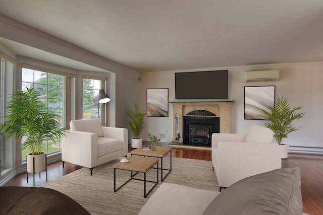 11920 E Railroad Ave, Spokane, WA 99206 - living area featuring a wall mounted air conditioner, a baseboard heating unit, wood finished floors, and crown molding