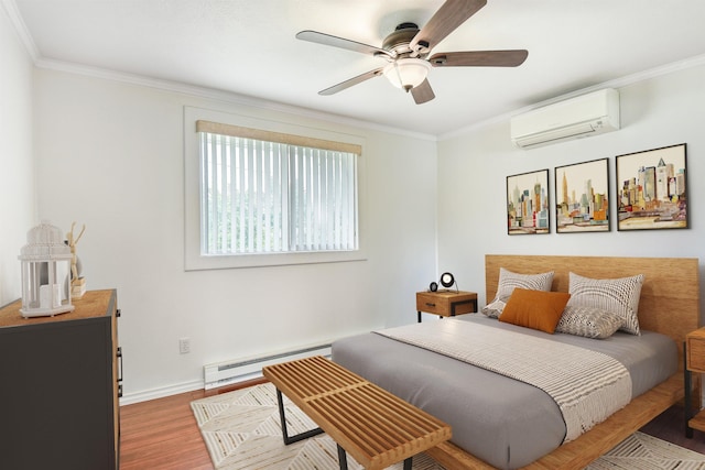 11920 E Railroad Ave, Spokane, WA 99206 - bedroom with a baseboard radiator, an AC wall unit, wood finished floors, crown molding, and a ceiling fan