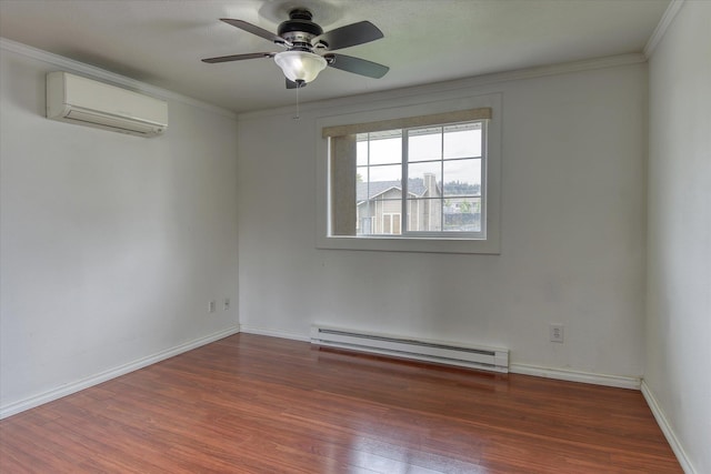 11920 E Railroad Ave, Spokane, WA 99206 - unfurnished room with a wall mounted air conditioner, a baseboard radiator, wood finished floors, ceiling fan, and crown molding