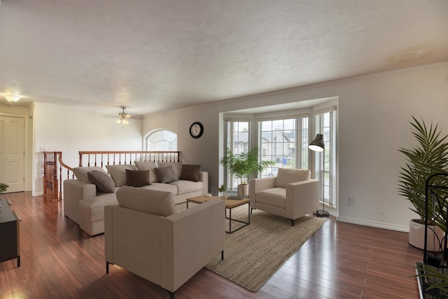 11920 E Railroad Ave, Spokane, WA 99206 - living area with dark wood-type flooring, a ceiling fan, baseboards, crown molding, and a textured ceiling