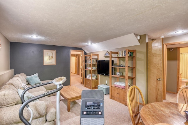 4307 S Apollo St, Spokane, WA 99223 - carpeted living area with a textured ceiling, vaulted ceiling, recessed lighting, and baseboards