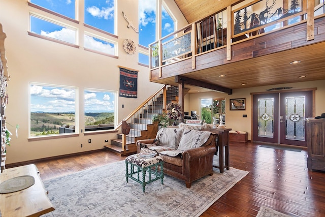 14410 W Jacobs Rd, Spokane, WA 99224 - living room featuring stairs, wood-type flooring, french doors, a high ceiling, and recessed lighting