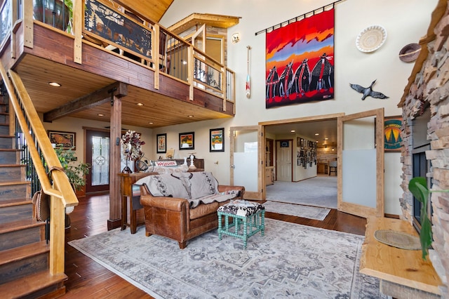 14410 W Jacobs Rd, Spokane, WA 99224 - living room featuring stairs, hardwood / wood-style floors, a high ceiling, recessed lighting, and wooden ceiling