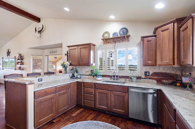 14410 W Jacobs Rd, Spokane, WA 99224 - kitchen featuring stainless steel dishwasher, a sink, dark wood-style floors, tasteful backsplash, and light stone counters