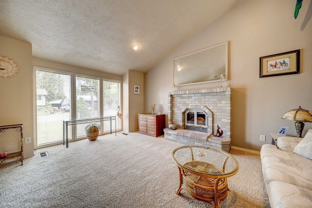 4112 E 11th Ave, Spokane, WA 99202 - living room with carpet, lofted ceiling, a fireplace, a textured ceiling, and baseboards