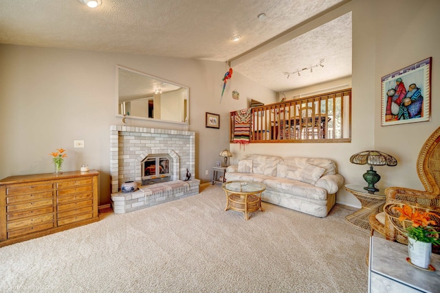 4112 E 11th Ave, Spokane, WA 99202 - carpeted living area with vaulted ceiling, a textured ceiling, a brick fireplace, and baseboards