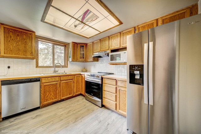 4112 E 11th Ave, Spokane, WA 99202 - kitchen with stainless steel appliances, a sink, light countertops, under cabinet range hood, and tasteful backsplash