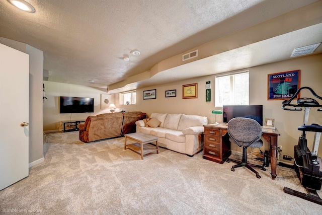 4112 E 11th Ave, Spokane, WA 99202 - carpeted living room featuring a textured ceiling, baseboards, and an office area