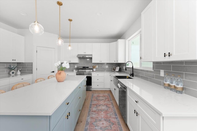2077 W Walker Ave, Spokane, WA 99208 - kitchen featuring appliances with stainless steel finishes, under cabinet range hood, decorative backsplash, a sink, and white cabinetry